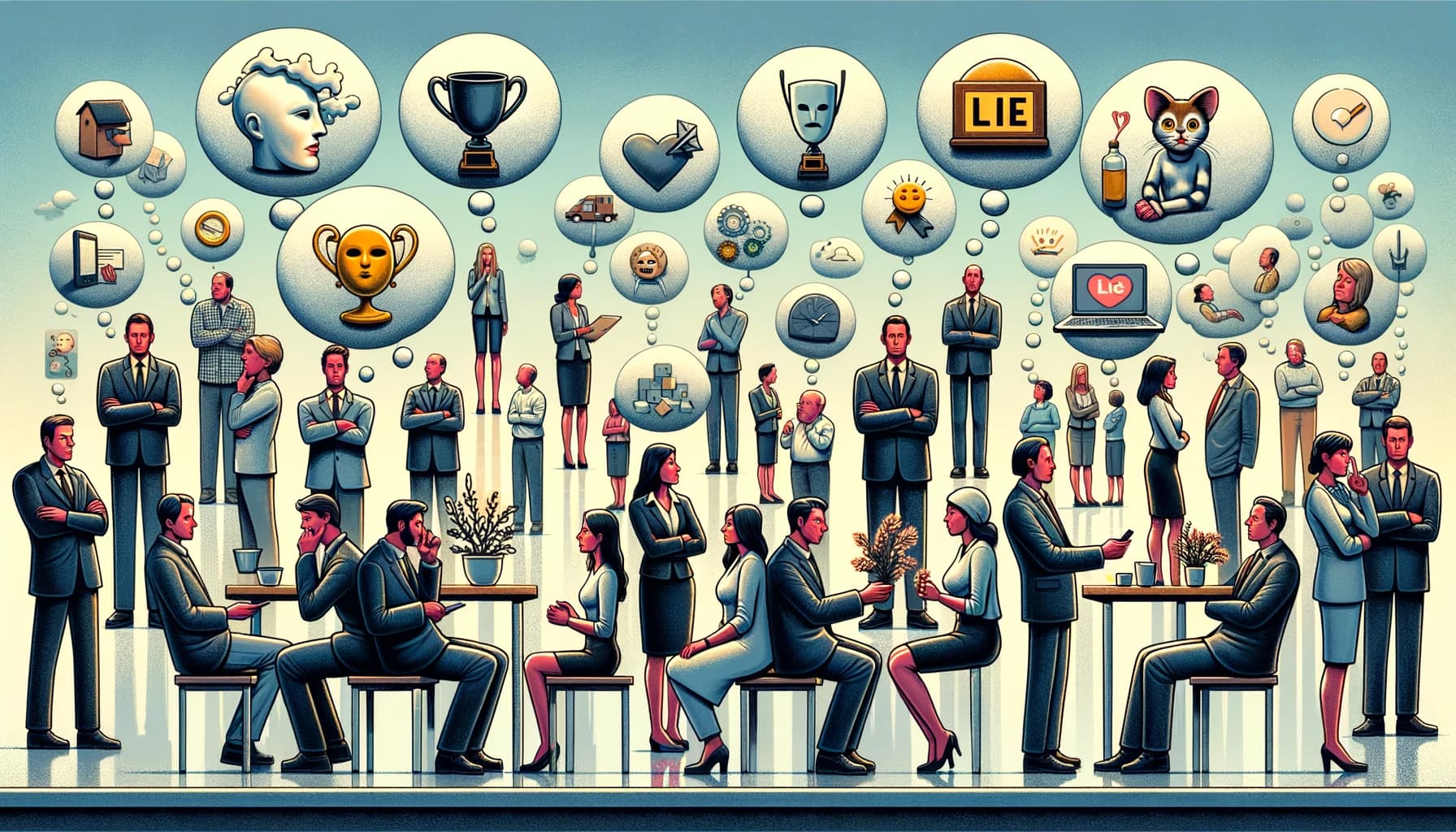 Diverse people in different settings with thought bubbles depicting reasons for lying, including masks for hidden emotions and trophies for approval, illustrating the complexities of human behavior