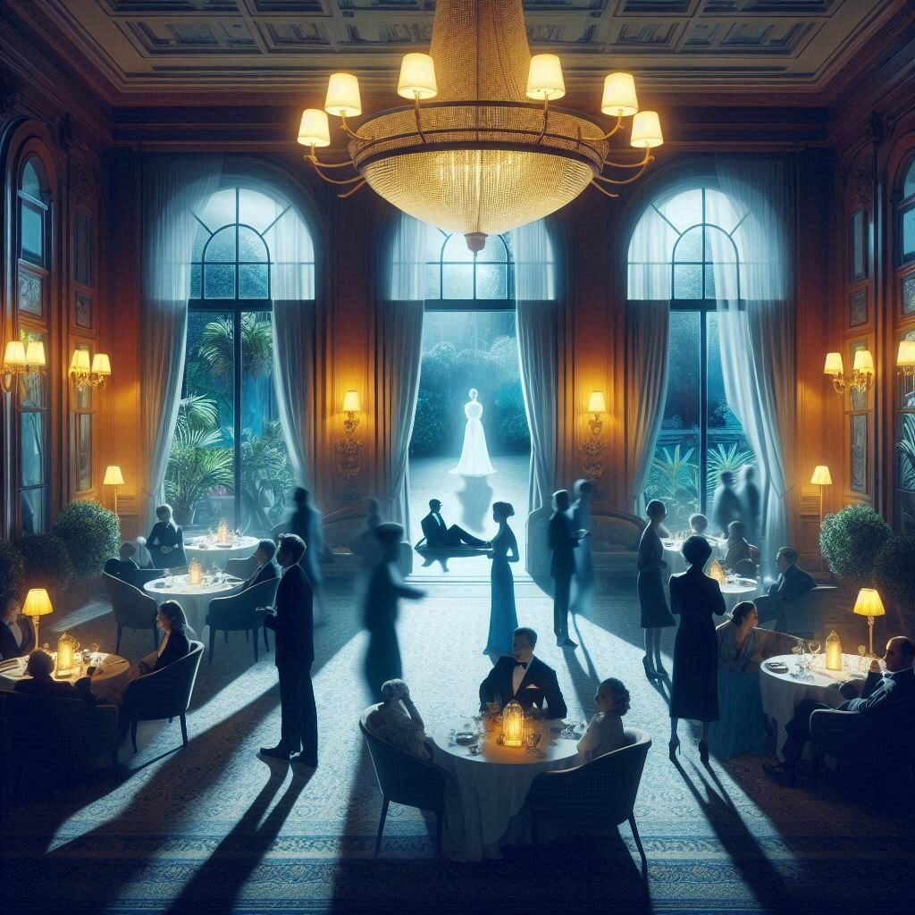 2024-07-12 Murdery Mystery Role-playing Game 2 Silhouetted figures at a grand, romantic evening ballroom dance.