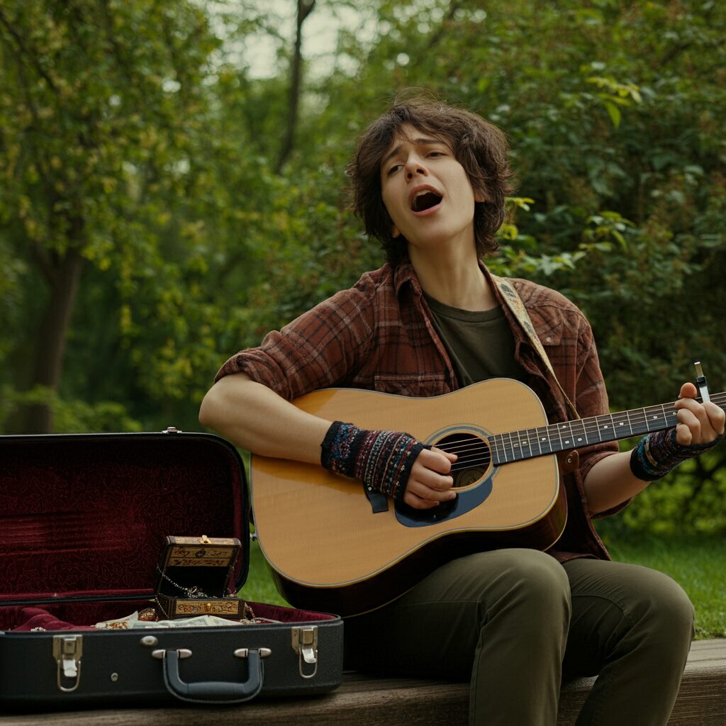 2024-11-15 Progressive Story Building 3 Musician busking in park with guitar and open case