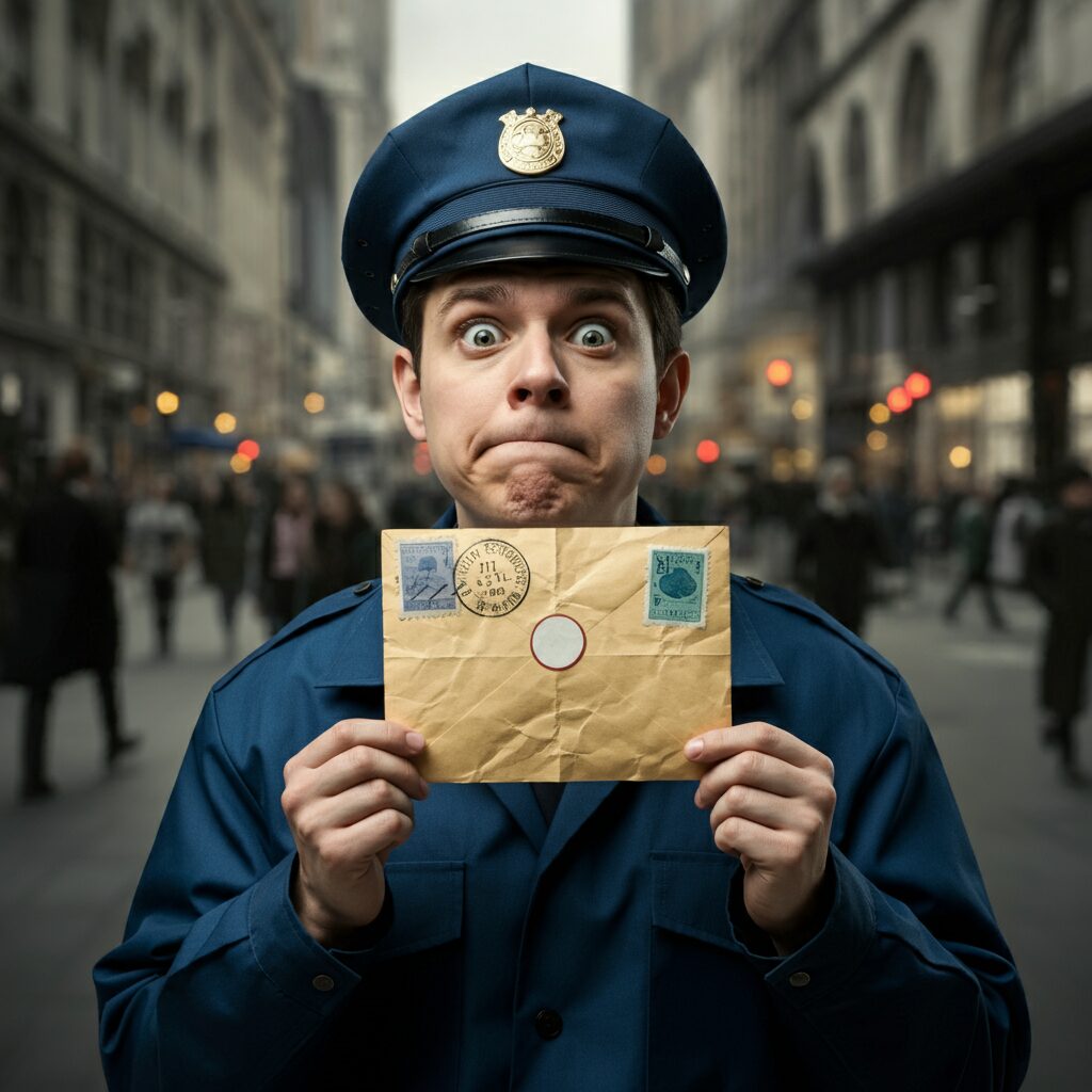 2024-11-15 Progressive Story Building 4 Comical police officer holding an envelope