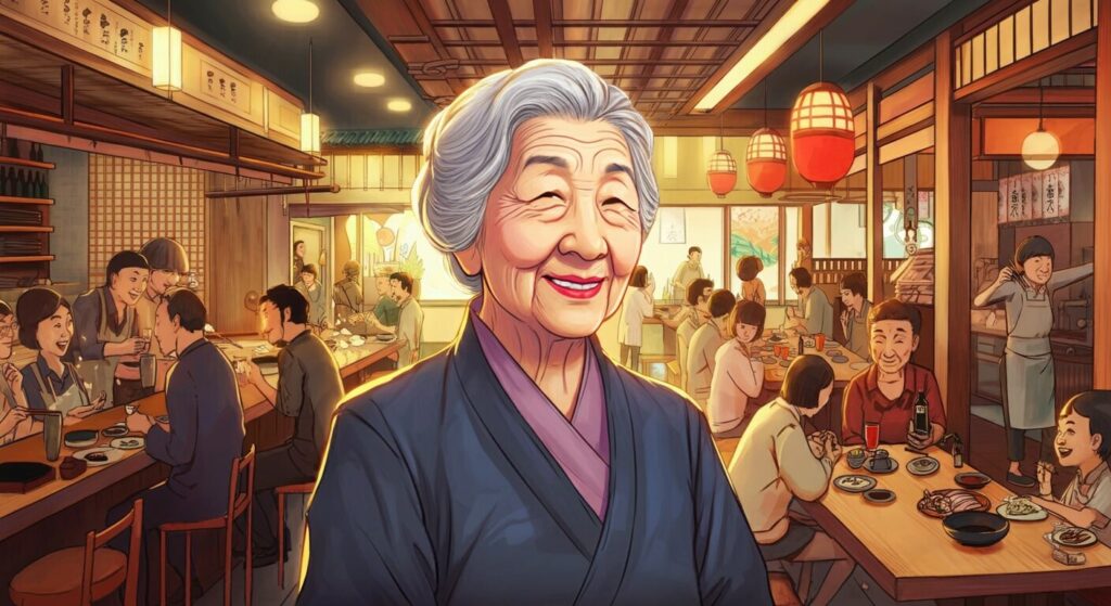 2024-12-06: Solving a Problem 2 Animated elderly woman smiling in a lively restaurant