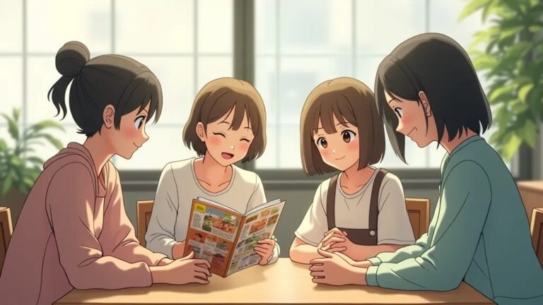 Four women discussing a cookbook at a table