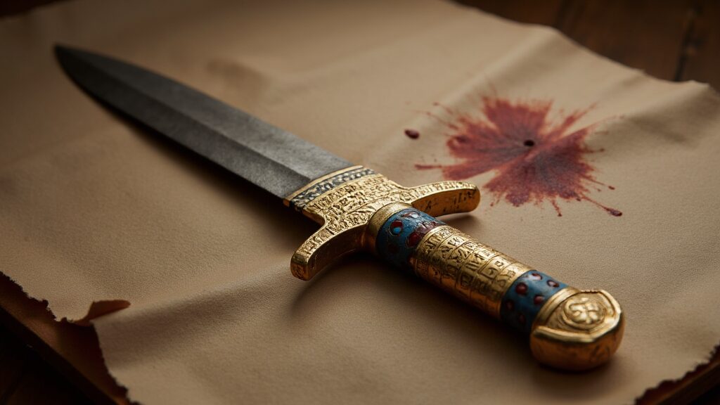 Ornate dagger with bloodstain on parchment
