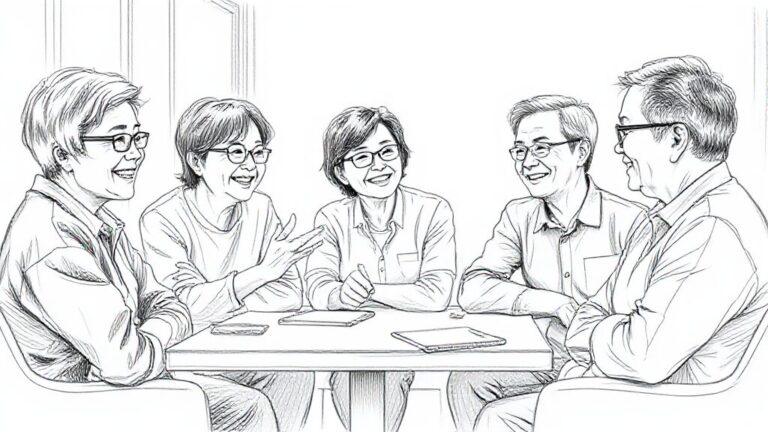 Five people smiling and talking around a table