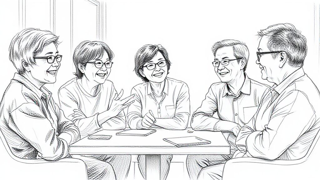 Five people smiling and talking around a table