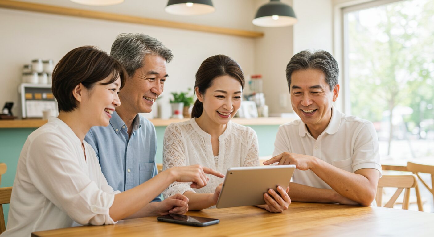 Four people smiling while using a tablet in a café