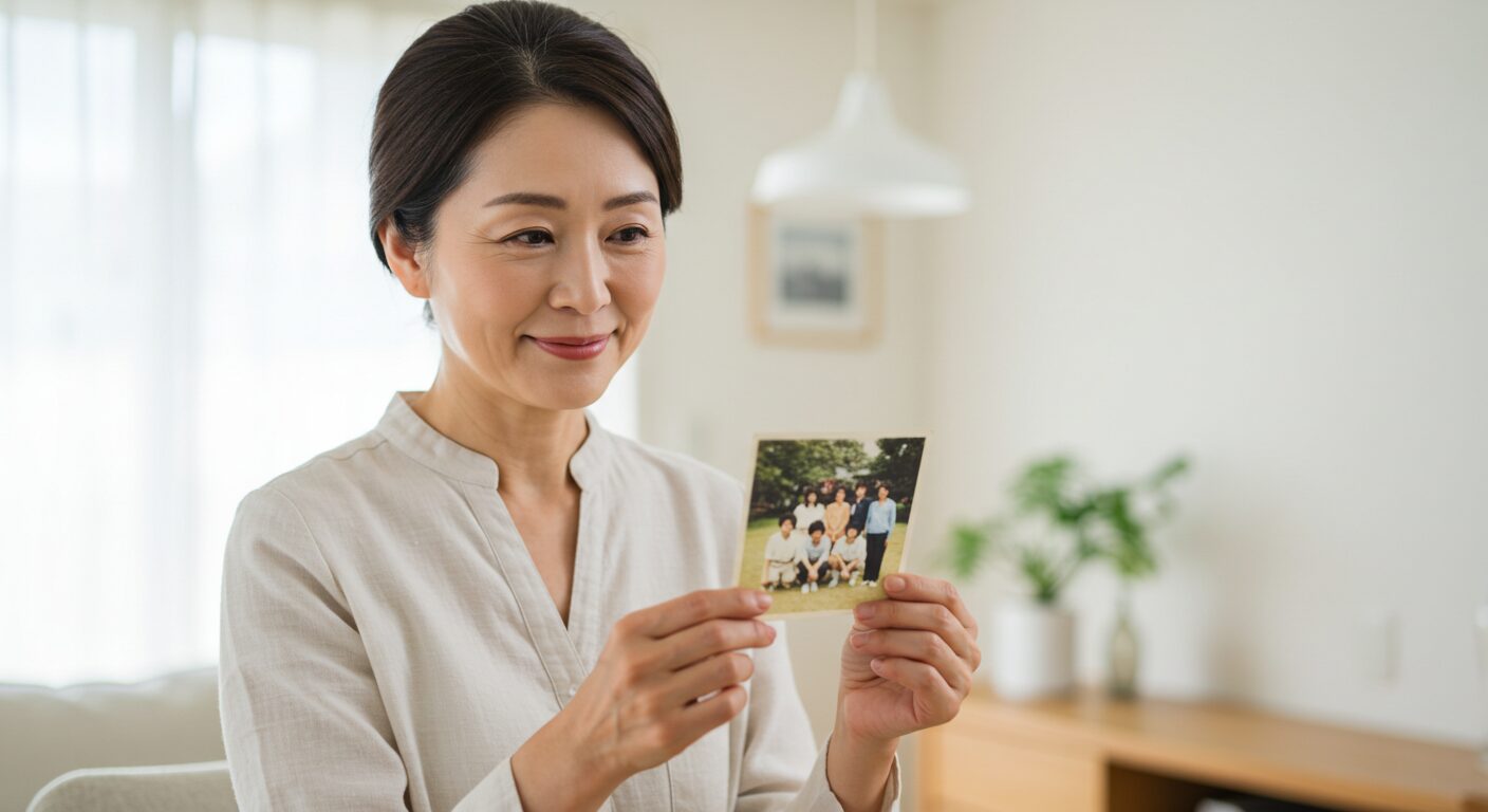 Woman holding a family photo indoors