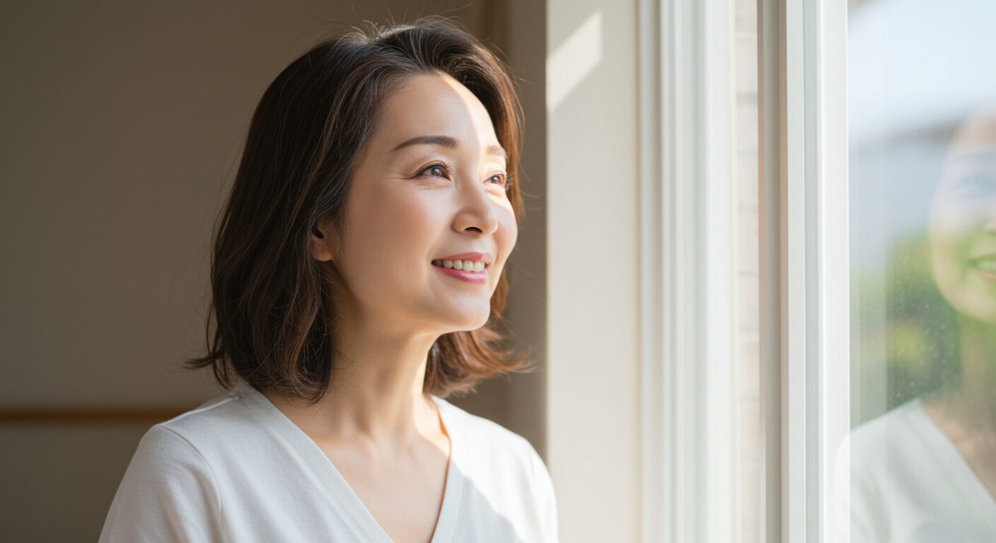 Woman smiling near a window with sunlight