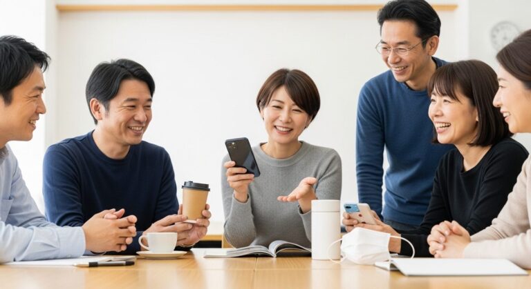 Group sharing laughs while using mobile devices at a table