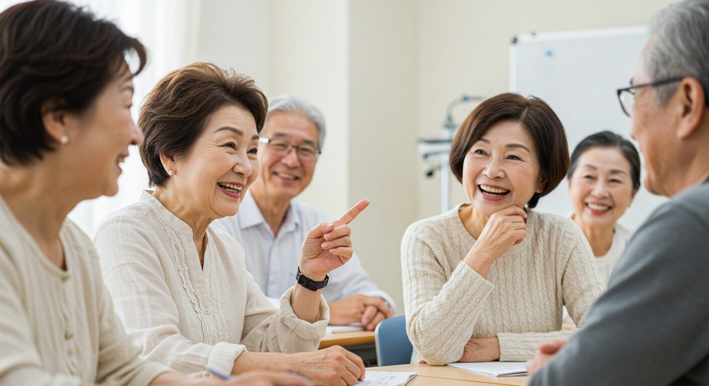 Elderly people discussing in a bright room